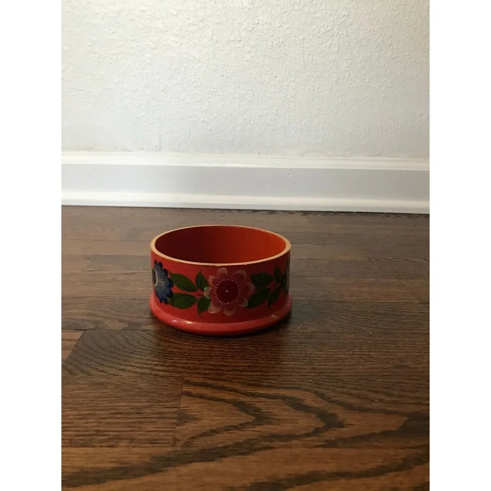 vtg 70s boho wooden jewelry bowl hand painted‎ orange floral home decor gift